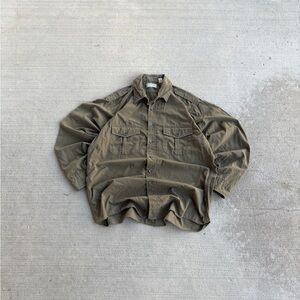 VTG LL Bean Shirt Mens L Green Nylon Long Sleeve Button Up USA Field Military